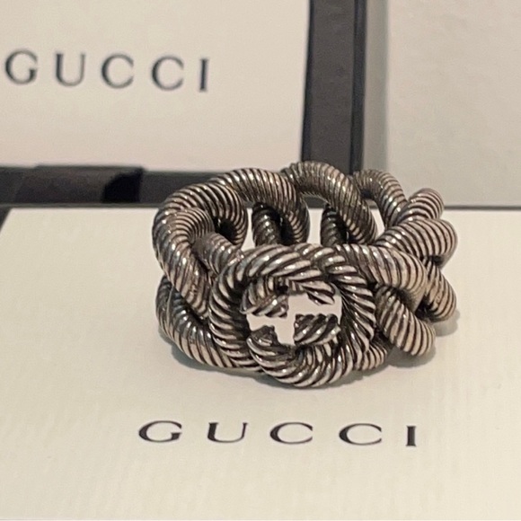 GUCCI UNISEX INTERLOCKING G GOURMETTE STERLING SILVER RING AUTHENTIC πππ - Picture 1 of 15